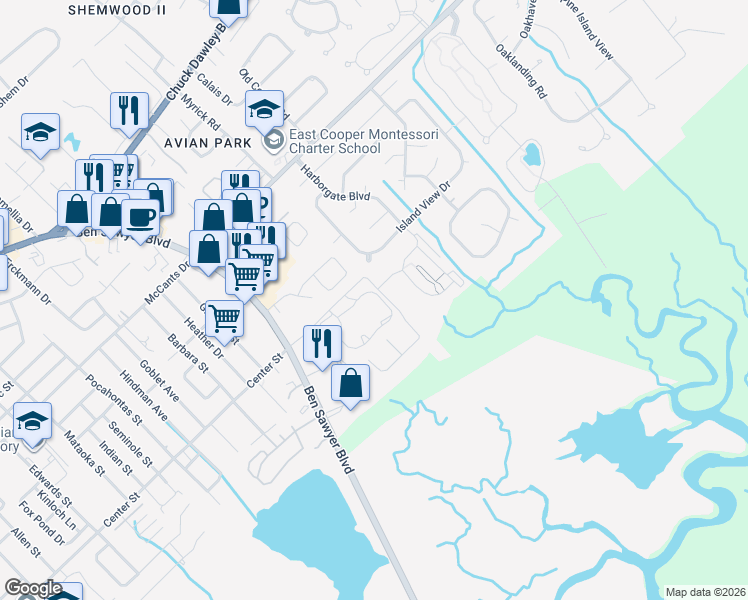 map of restaurants, bars, coffee shops, grocery stores, and more near 1587 Home Farm Road in Mount Pleasant