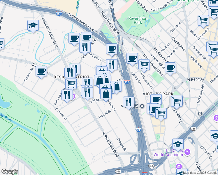 map of restaurants, bars, coffee shops, grocery stores, and more near 1400 Inspiration Drive in Dallas