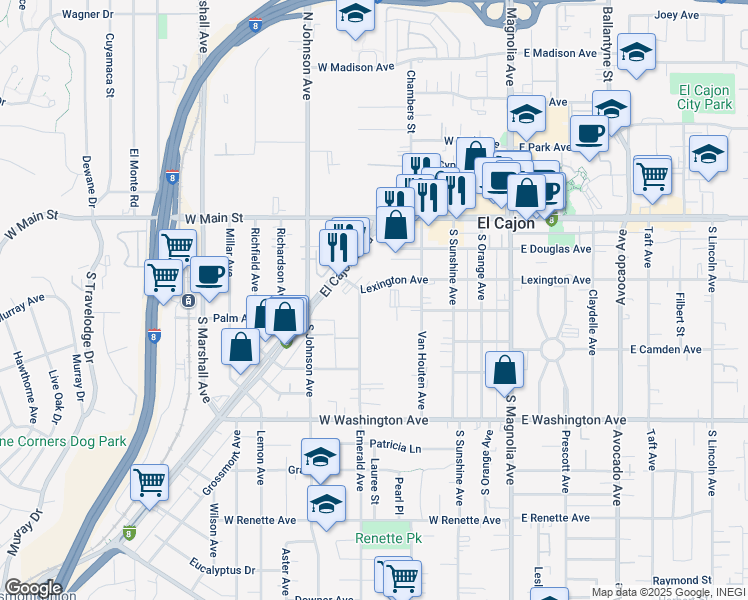 map of restaurants, bars, coffee shops, grocery stores, and more near 391 Emerald Avenue in El Cajon
