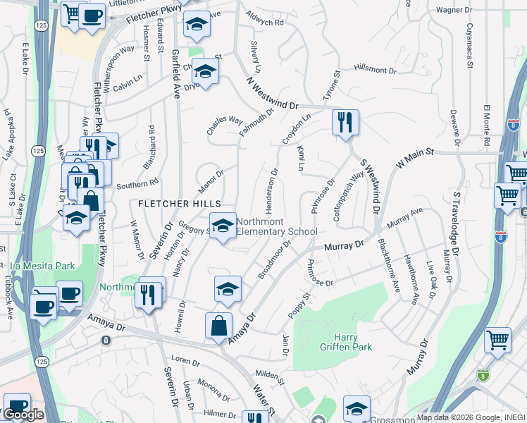 map of restaurants, bars, coffee shops, grocery stores, and more near 6215 Cresthaven Drive in La Mesa