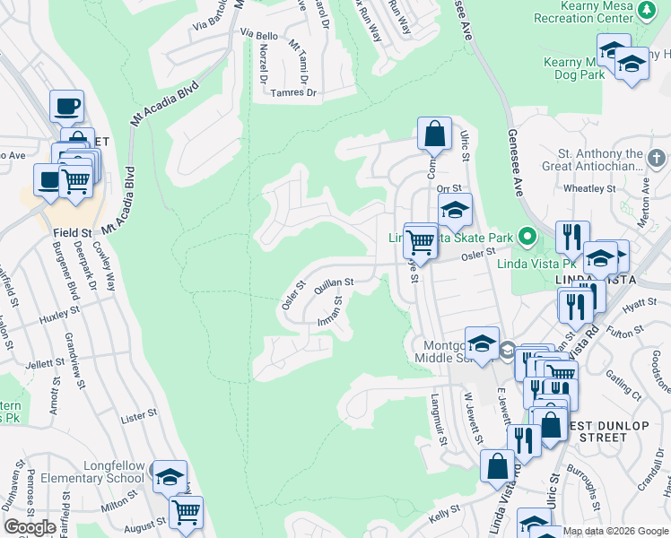 map of restaurants, bars, coffee shops, grocery stores, and more near 6388 Quillan Street in San Diego
