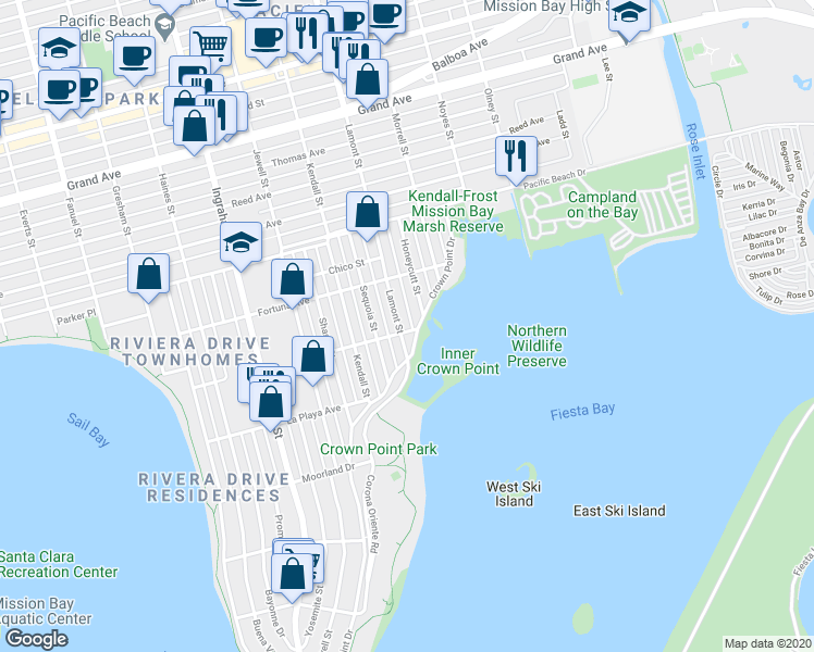 map of restaurants, bars, coffee shops, grocery stores, and more near in San Diego