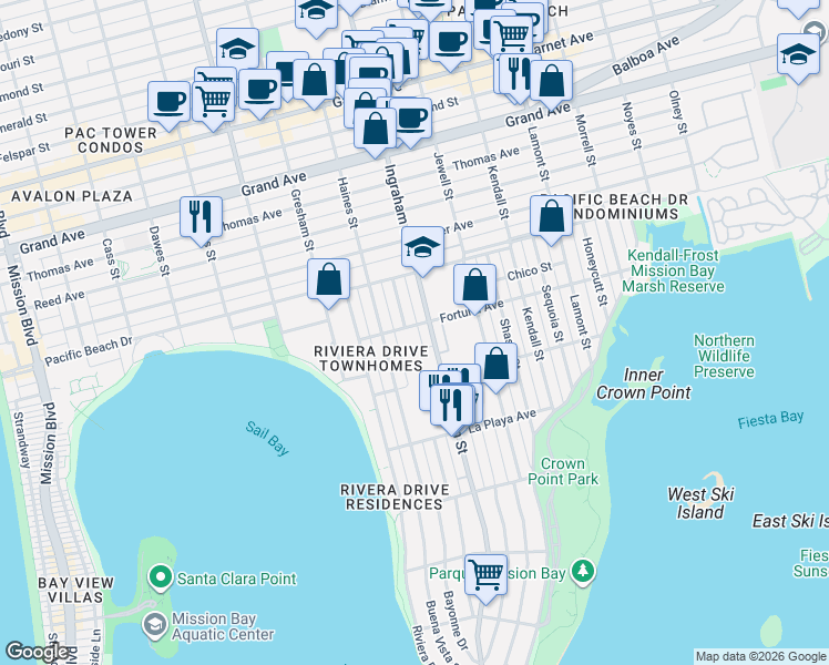 map of restaurants, bars, coffee shops, grocery stores, and more near 3940 Ingraham Street in San Diego