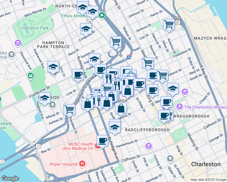 map of restaurants, bars, coffee shops, grocery stores, and more near 24 Ashe Street in Charleston