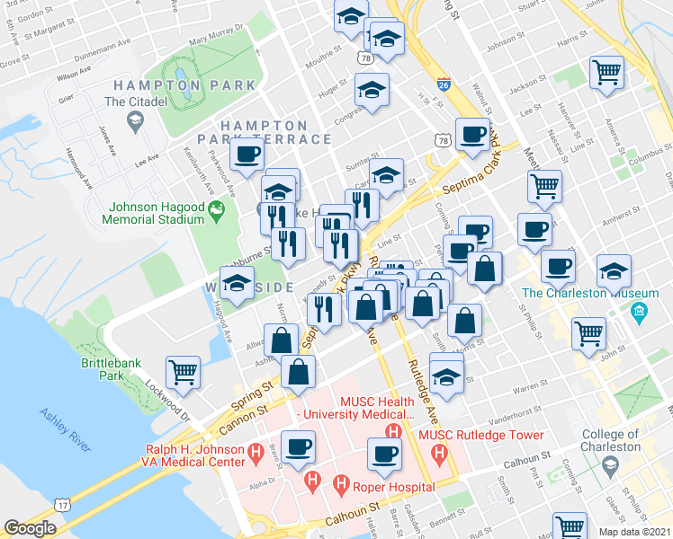 map of restaurants, bars, coffee shops, grocery stores, and more near 27 Kennedy Street in Charleston