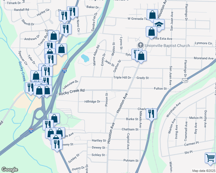 map of restaurants, bars, coffee shops, grocery stores, and more near 1216 Rocky Creek Road in Macon
