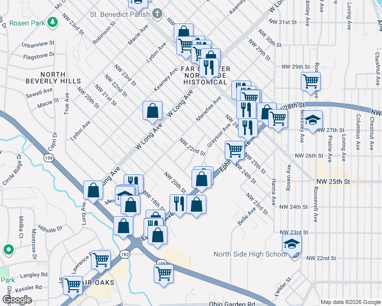 map of restaurants, bars, coffee shops, grocery stores, and more near 2120 Wagner Avenue in Fort Worth