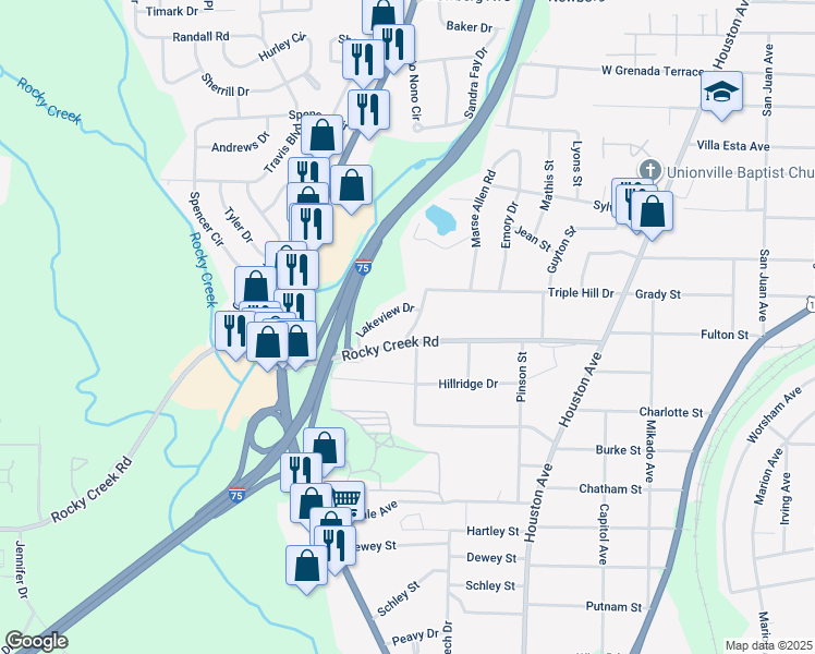 map of restaurants, bars, coffee shops, grocery stores, and more near 1329 Triple Hill Drive in Macon