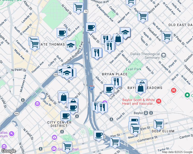 map of restaurants, bars, coffee shops, grocery stores, and more near San Jacinto St & Allen St in Dallas