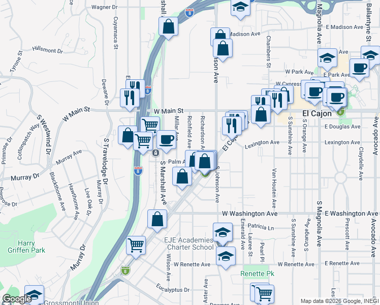 map of restaurants, bars, coffee shops, grocery stores, and more near 367 Richfield Ave in El Cajon