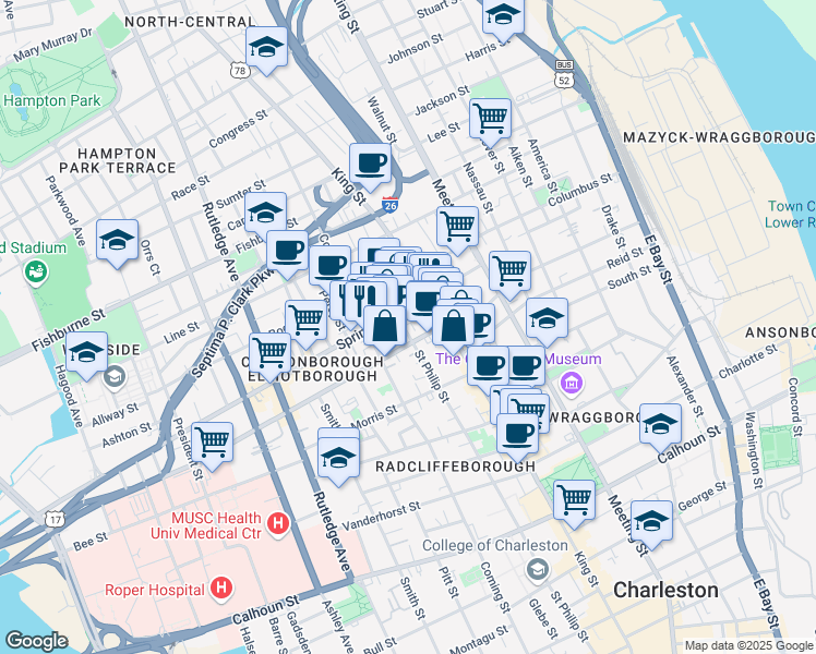 map of restaurants, bars, coffee shops, grocery stores, and more near 192 Saint Philip Street in Charleston