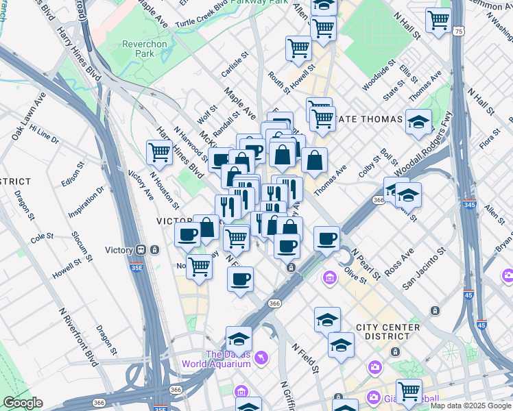 map of restaurants, bars, coffee shops, grocery stores, and more near 2525 McKinnon Street in Dallas
