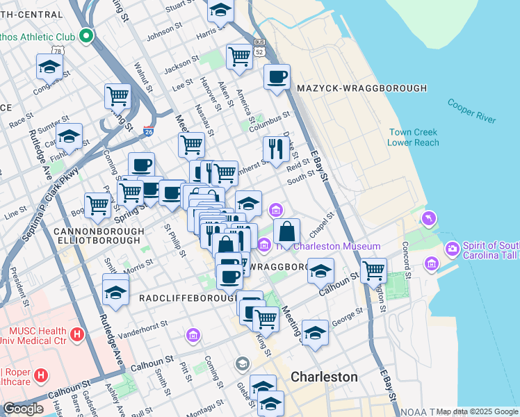 map of restaurants, bars, coffee shops, grocery stores, and more near 34 Mary Street in Charleston