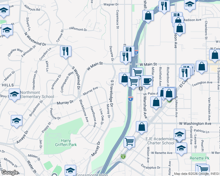 map of restaurants, bars, coffee shops, grocery stores, and more near 364 South Travelodge Drive in El Cajon