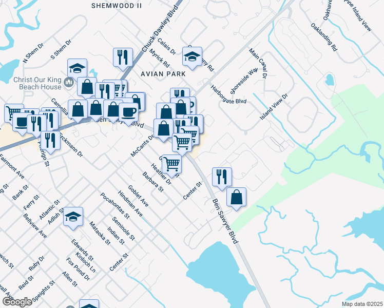 map of restaurants, bars, coffee shops, grocery stores, and more near 1435 Ben Sawyer Boulevard in Mount Pleasant
