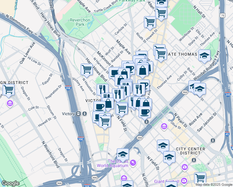 map of restaurants, bars, coffee shops, grocery stores, and more near 2515 Harry Hines Boulevard in Dallas