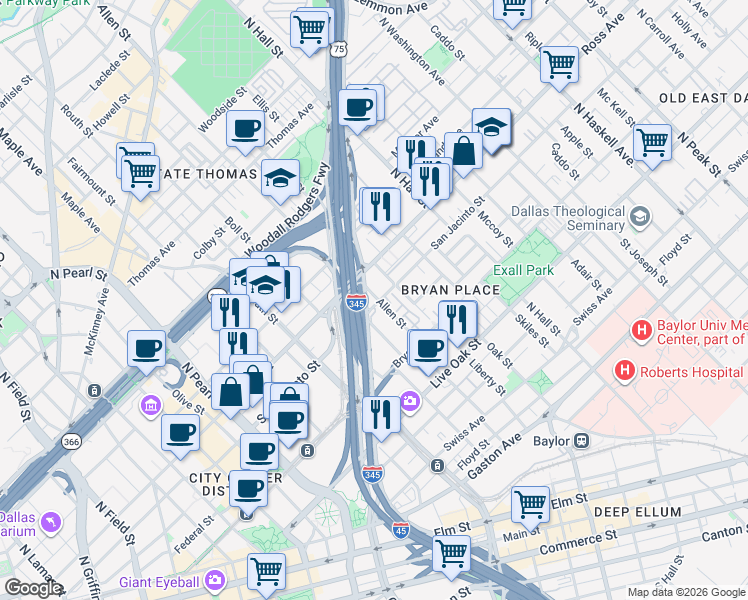 map of restaurants, bars, coffee shops, grocery stores, and more near 2909 San Jacinto Street in Dallas