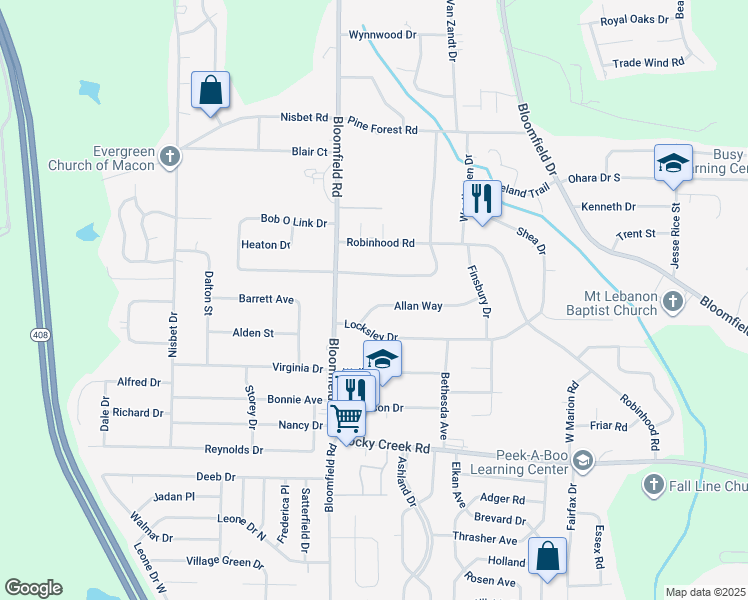 map of restaurants, bars, coffee shops, grocery stores, and more near 2567 Allan Way in Macon