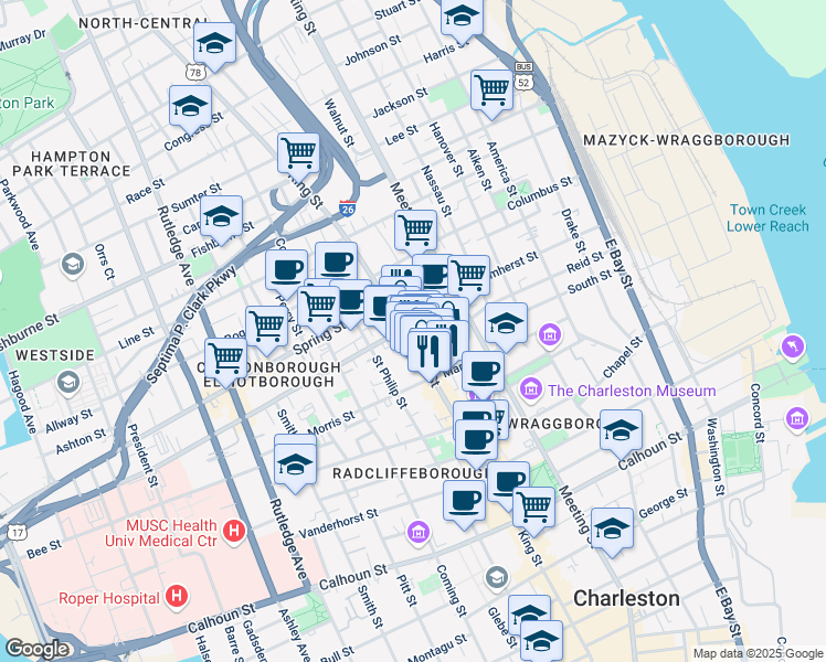 map of restaurants, bars, coffee shops, grocery stores, and more near 94 Reid Street in Charleston