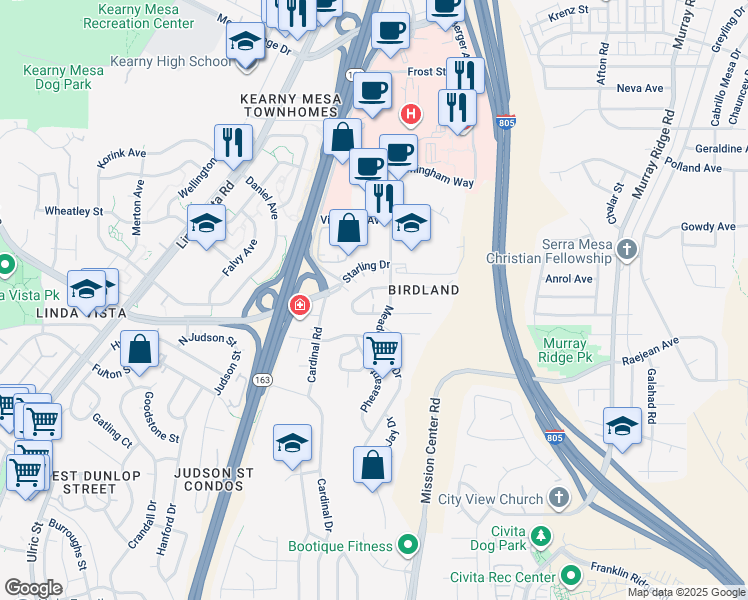 map of restaurants, bars, coffee shops, grocery stores, and more near 7737 Nightingale Way in San Diego