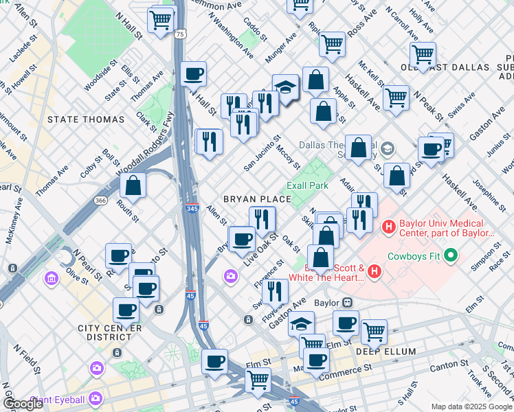 map of restaurants, bars, coffee shops, grocery stores, and more near 3025 Bryan Street in Dallas