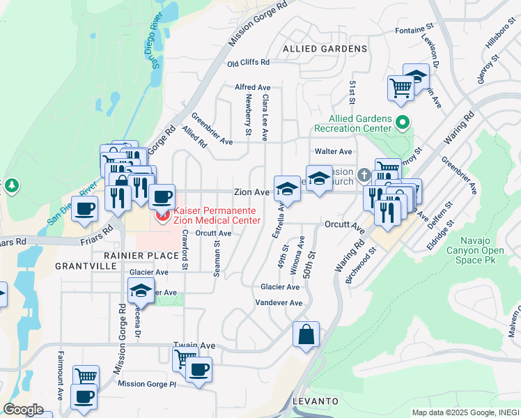 map of restaurants, bars, coffee shops, grocery stores, and more near 6542 Clara Lee Avenue in San Diego