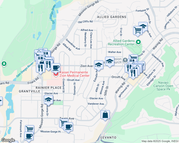 map of restaurants, bars, coffee shops, grocery stores, and more near 6542 Clara Lee Avenue in San Diego