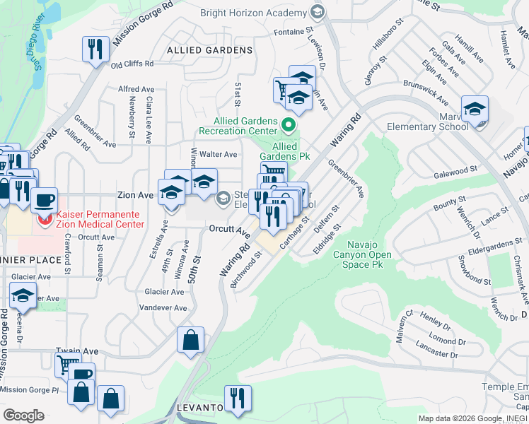 map of restaurants, bars, coffee shops, grocery stores, and more near 5156 Waring Road in San Diego