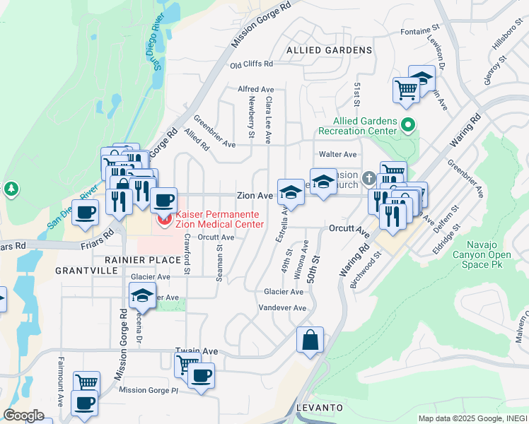 map of restaurants, bars, coffee shops, grocery stores, and more near 6542 Clara Lee Avenue in San Diego