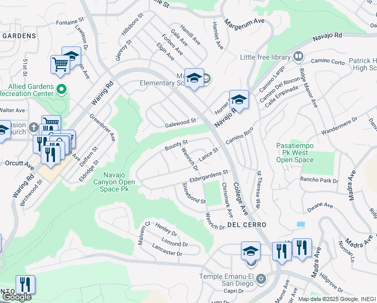 map of restaurants, bars, coffee shops, grocery stores, and more near 5912 Lance Street in San Diego