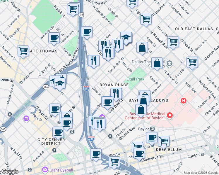 map of restaurants, bars, coffee shops, grocery stores, and more near 800 Liberty Street in Dallas
