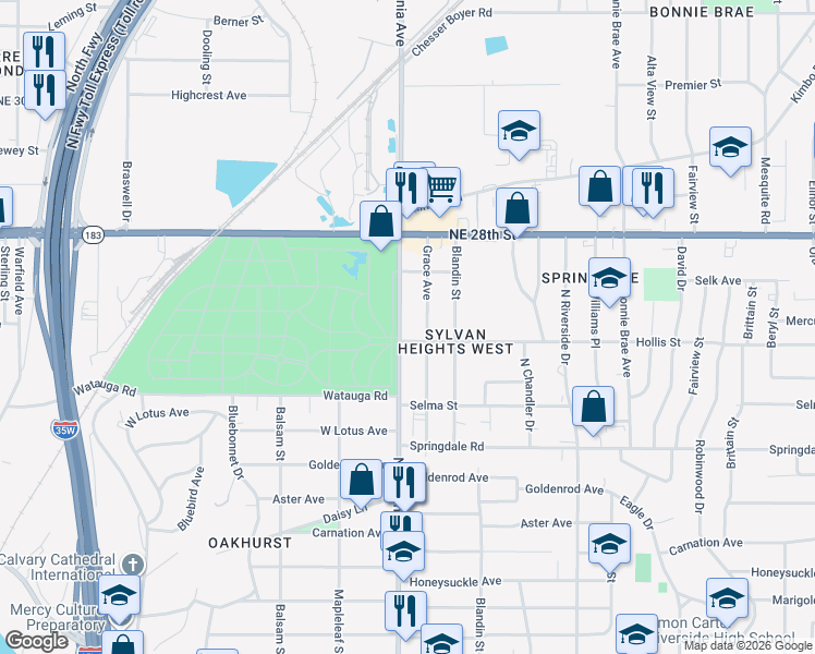 map of restaurants, bars, coffee shops, grocery stores, and more near 2144 North Sylvania Avenue in Fort Worth