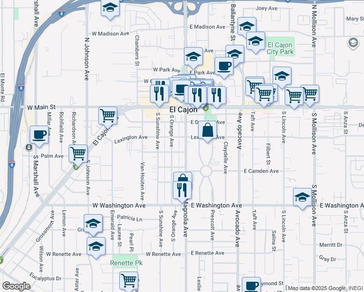 map of restaurants, bars, coffee shops, grocery stores, and more near 406 South Magnolia Avenue in El Cajon