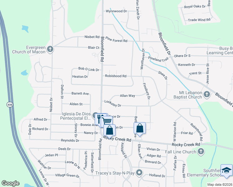 map of restaurants, bars, coffee shops, grocery stores, and more near 2570 Allan Way in Macon