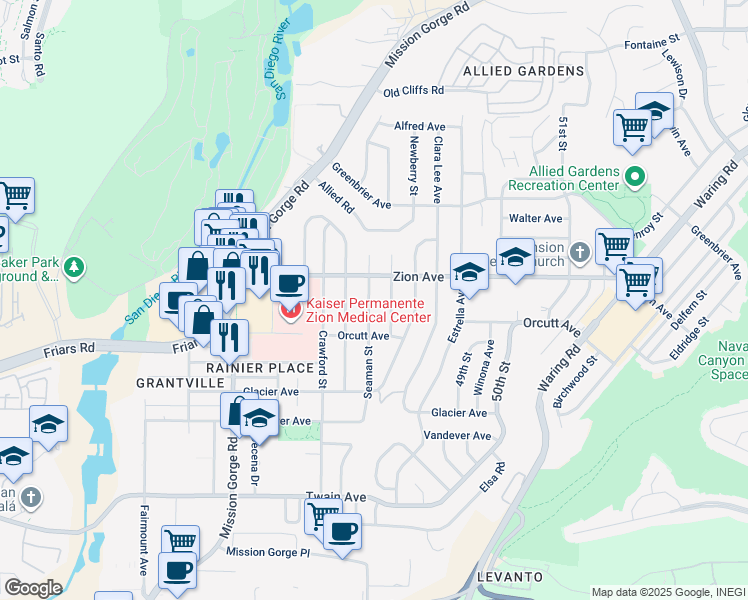 map of restaurants, bars, coffee shops, grocery stores, and more near 6559 Seaman Street in San Diego