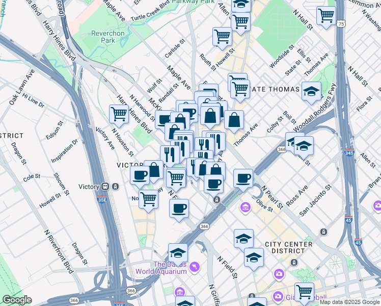 map of restaurants, bars, coffee shops, grocery stores, and more near 2017 Cedar Springs Road in Dallas