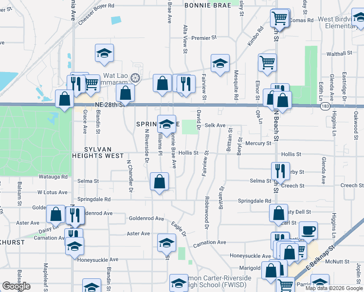 map of restaurants, bars, coffee shops, grocery stores, and more near 2141 Barbell Lane in Fort Worth