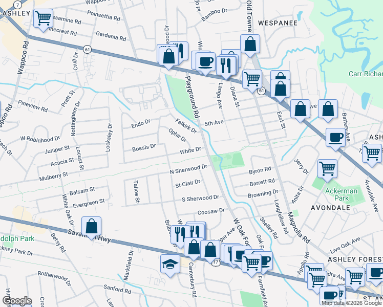 map of restaurants, bars, coffee shops, grocery stores, and more near 1317 White Drive in Charleston
