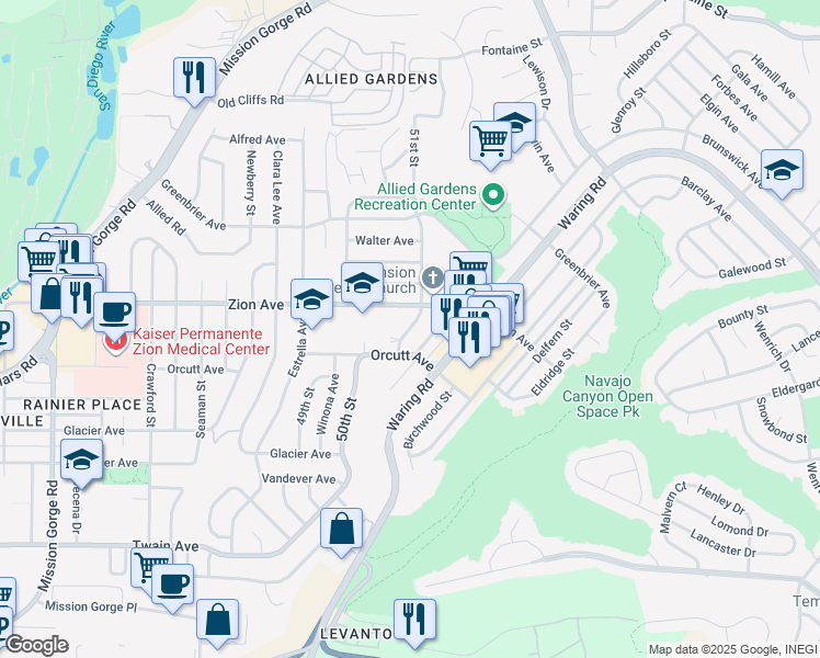 map of restaurants, bars, coffee shops, grocery stores, and more near 6550 51st Street in San Diego