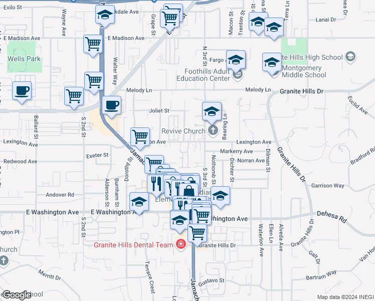 map of restaurants, bars, coffee shops, grocery stores, and more near 1465 East Lexington Avenue in El Cajon