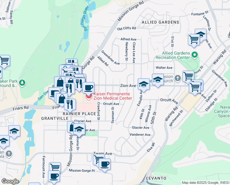 map of restaurants, bars, coffee shops, grocery stores, and more near 6559 Seaman Street in San Diego