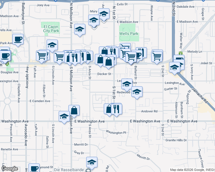 map of restaurants, bars, coffee shops, grocery stores, and more near 1064 Redwood Avenue in El Cajon