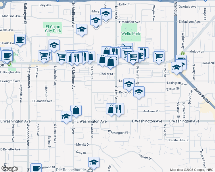 map of restaurants, bars, coffee shops, grocery stores, and more near 1064 Redwood Avenue in El Cajon