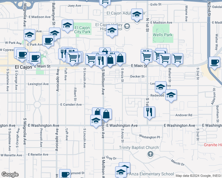 map of restaurants, bars, coffee shops, grocery stores, and more near 421 South Mollison Avenue in El Cajon