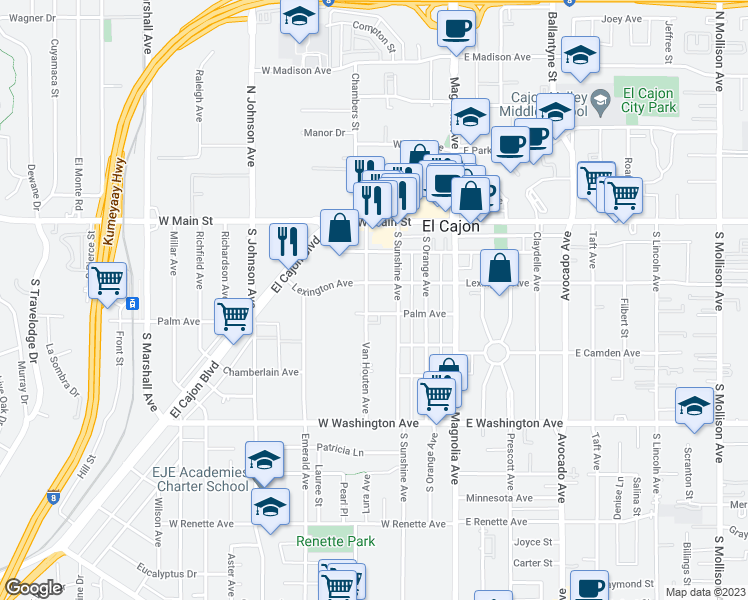 map of restaurants, bars, coffee shops, grocery stores, and more near 353 Palm Avenue in El Cajon