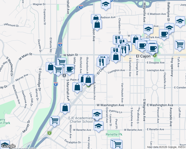 map of restaurants, bars, coffee shops, grocery stores, and more near 370 Gateway Drive in El Cajon