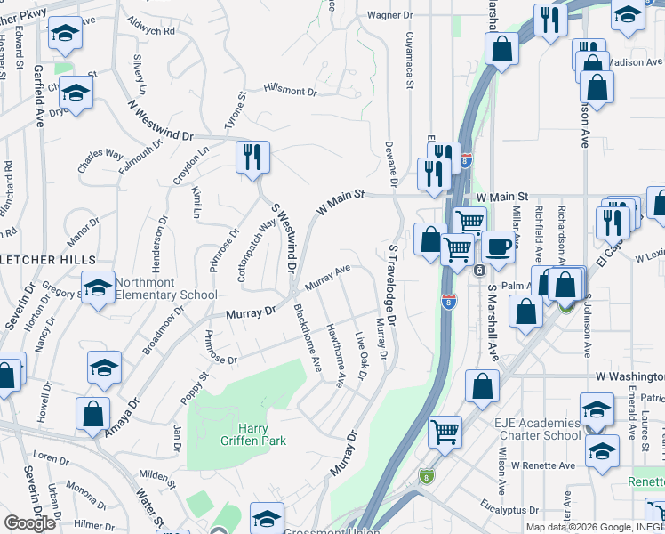 map of restaurants, bars, coffee shops, grocery stores, and more near 1555 Murray Avenue in El Cajon