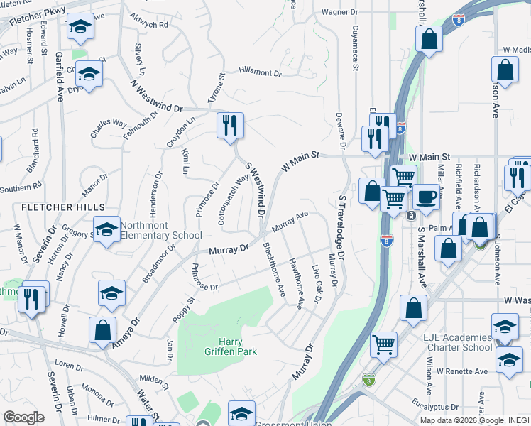 map of restaurants, bars, coffee shops, grocery stores, and more near 1598 Murray Avenue in El Cajon