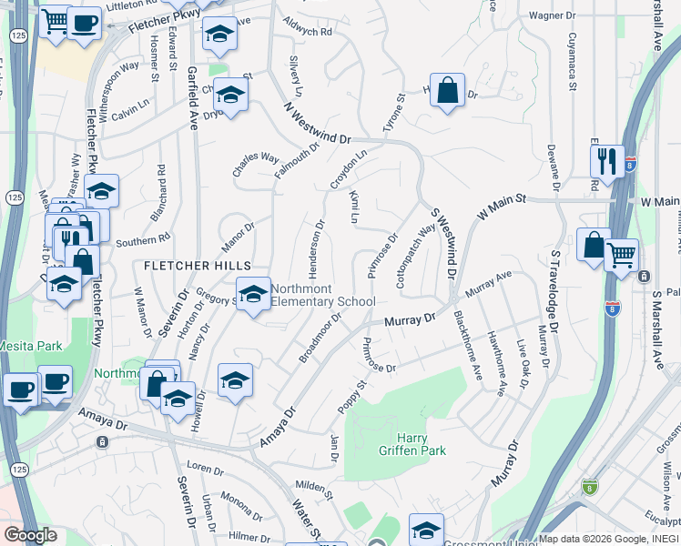 map of restaurants, bars, coffee shops, grocery stores, and more near 6200 Fernwood Drive in La Mesa