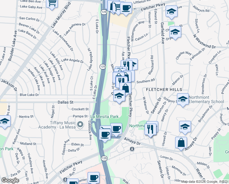 map of restaurants, bars, coffee shops, grocery stores, and more near 9071 Dallas Street in La Mesa